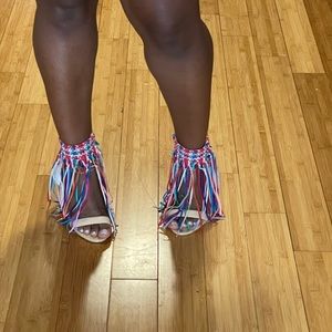 Nude Sandals with Multicolored Fringe